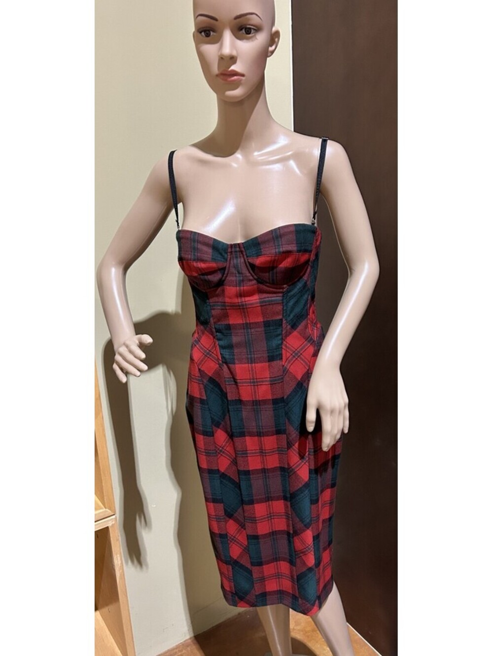 RARE Vintage Dolce & Gabbana Red Plaid wool CORSET Dress Size US 6/IT 42 - Picture 2 of 9
